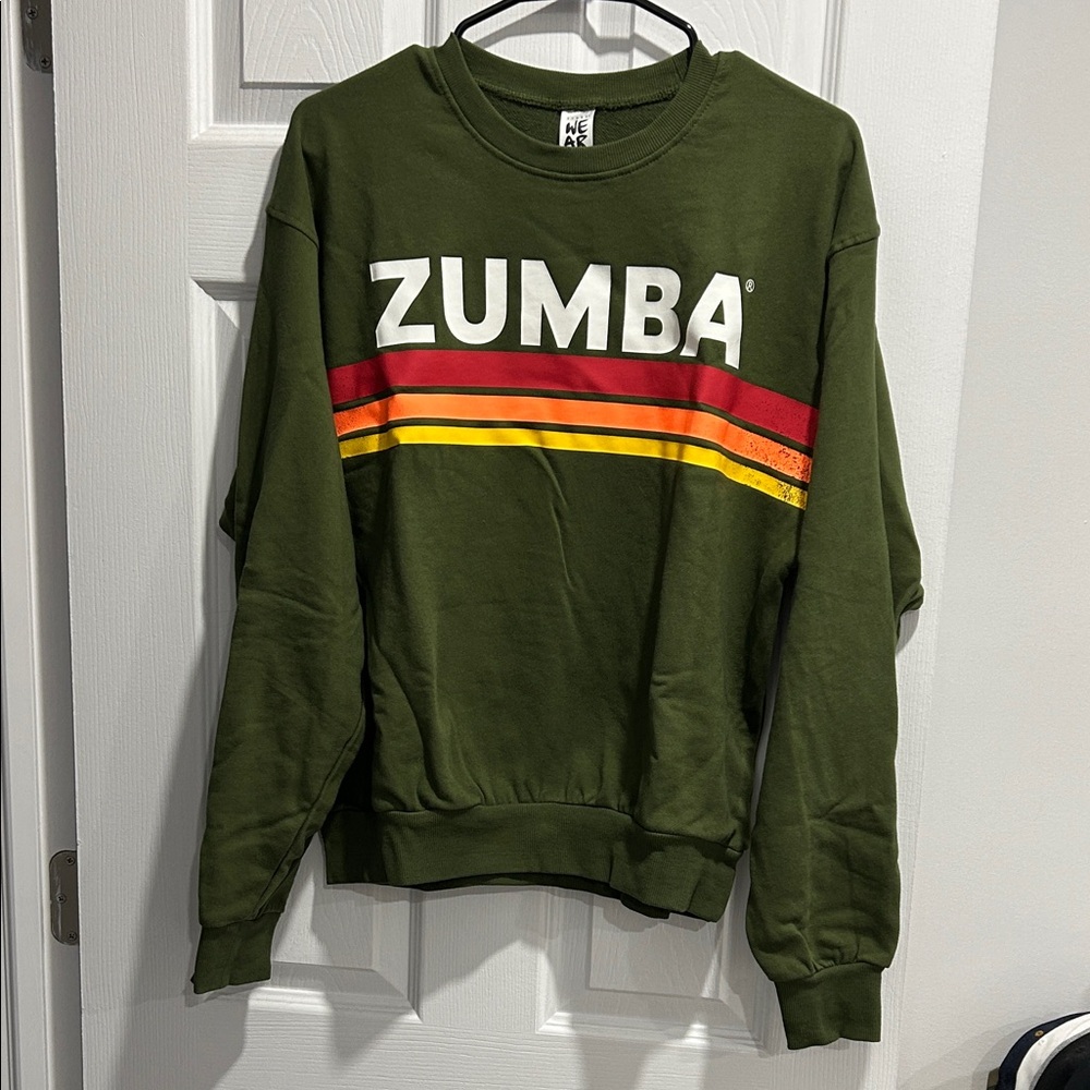 ZUMBA NWOT Olive Sweater with Red and Yellow Accents